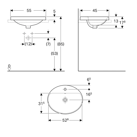 Раковина Geberit VariForm, накладная, овальная, санфарфор, белая, 55х45х17,8 см