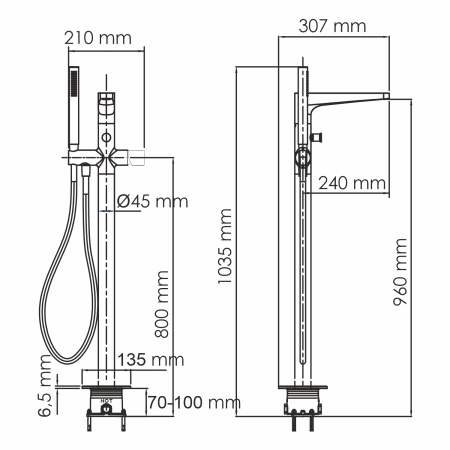 Смеситель для ванны WasserKRAFT Sauer 7121, напольный, латунь, золотой, глубина 307мм