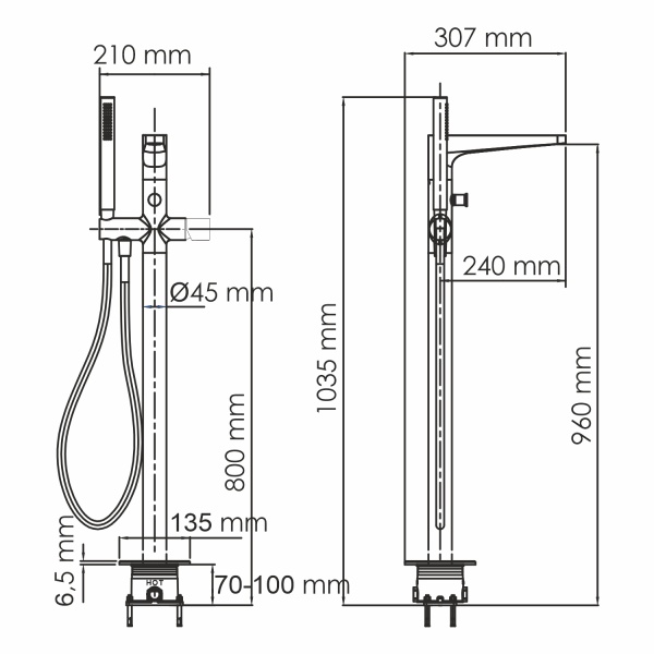 Смеситель для ванны WasserKRAFT Sauer 7121, напольный, латунь, золотой, глубина 307мм