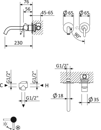 Смеситель CEZARES Leaf-BLI2-L-SR, встраиваемый, для раковины, глубина 27 см