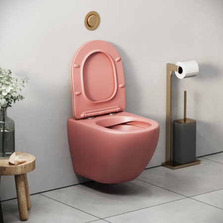 Унитаз GR-4455PIMS Color (495*365*375) РОЗОВЫЙ МАТОВЫЙ подвесной БЕЗОБОДКОВЫЙ с тонкой крышкой