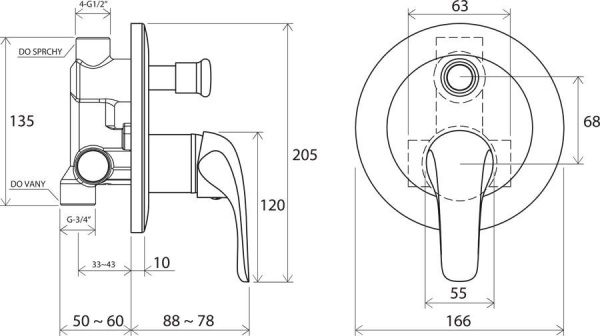 Смеситель скрытого монтажа Ravak Rosa RS 061.00 с переключателем X070014