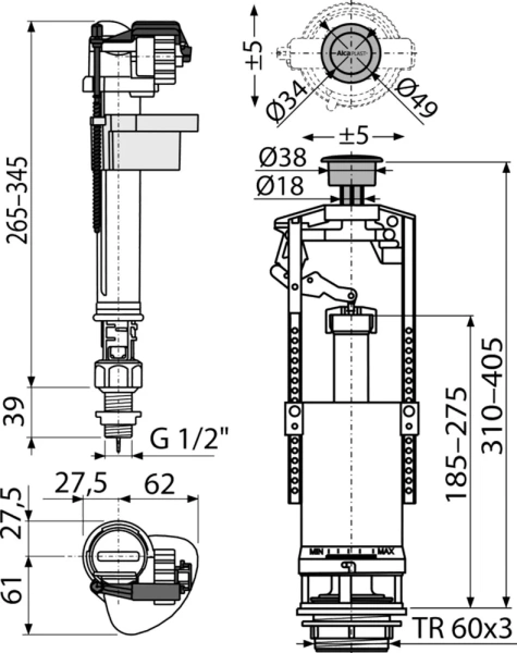 Механизм смыва для бачка AlcaPlast SA2000SK 1/2" CHROM