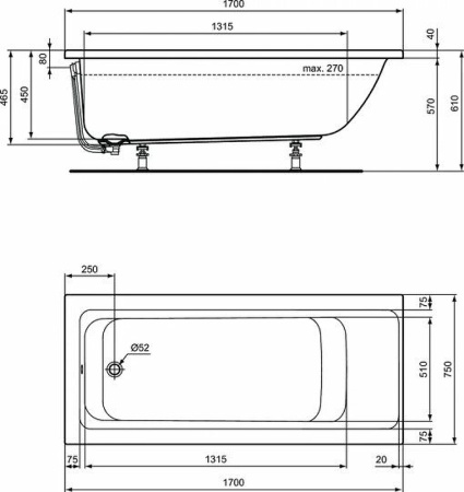 Акриловая ванна Ideal Standard Connect Air 170х75 E106401 без гидромассажа