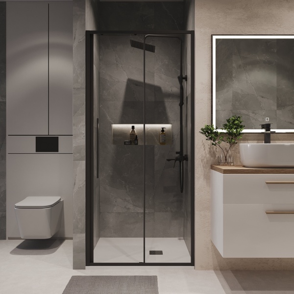Дверь в нишу NG-84-11AB (110*195) черный матовый, стекло прозрачное, 1 место