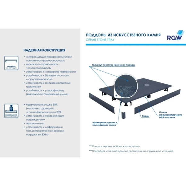 Душевой поддон из литьевого мрамора 170x70 см RGW Stone Tray ST-0177B 16152717-04