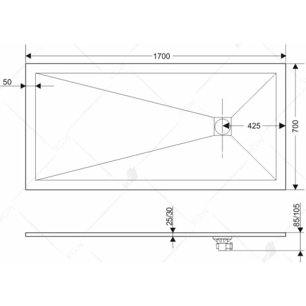 Душевой поддон из литьевого мрамора 170x70 см RGW Stone Tray ST-0177B 16152717-04
