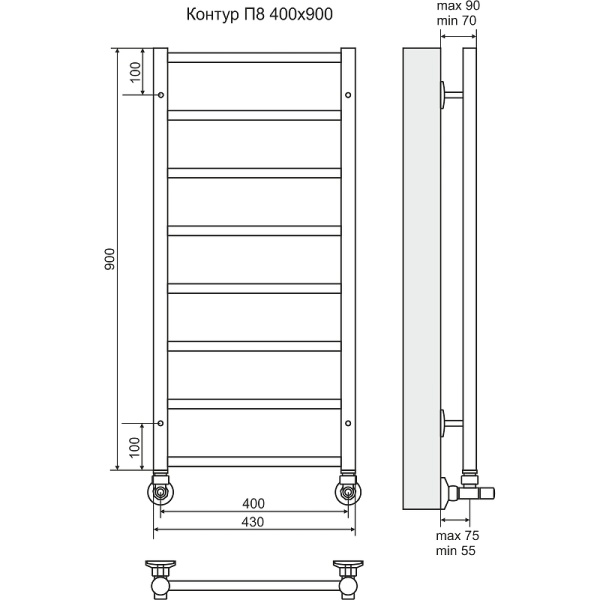 Водяной полотенцесушитель Terminus Контур П8 400х900 4660059582450 Хром