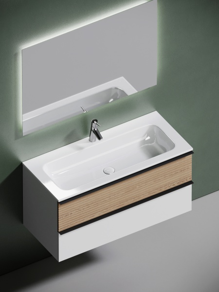 DL100W Тумба без раковины для раковины подвесная SANCOS Delta 995х445х500, c дв. ящ.оснащенными доводчиками, дуб светлый/белы