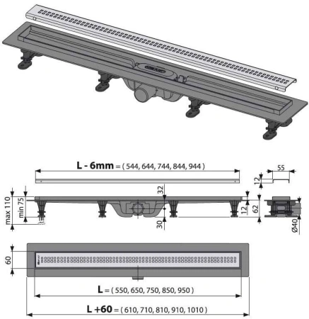Душевой лоток AlcaPlast Simple с решеткой и опорами APZ9-850M