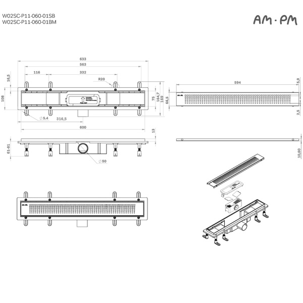 W02SC-P11-060-01SB PrimeFlow Трап для душа линейный универс затвор Cut Gradient 60см цвет сталь мат