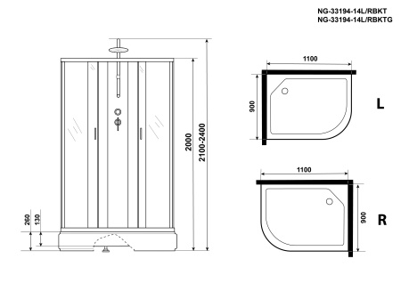 Душ.каб. NG-33194-14LBKT (1100х900х2100-2400) средний поддон (26см) стекло МАТОВОЕ 4 места