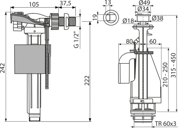 Механизм смыва для бачка AlcaPlast SA08AK 1/2" CHROM
