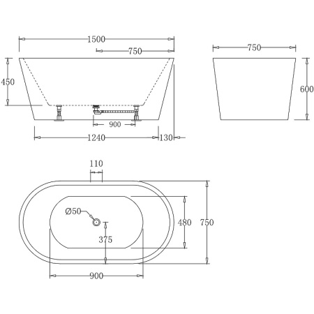 Акриловая ванна BelBagno 150x75 BB71-1500-W0 без гидромассажа